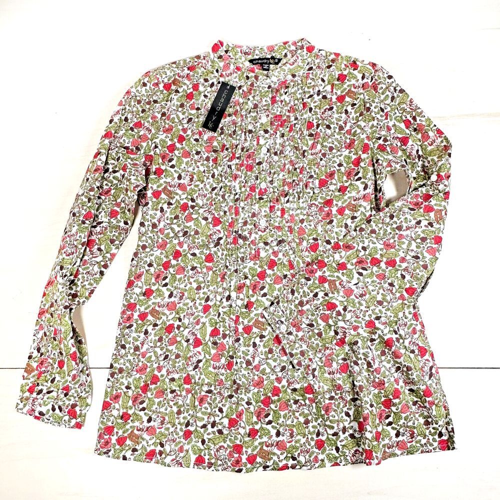 NWT Chaudry KC Pleat Front Floral Print Top Blouse S Green Purple Pink NEW‎